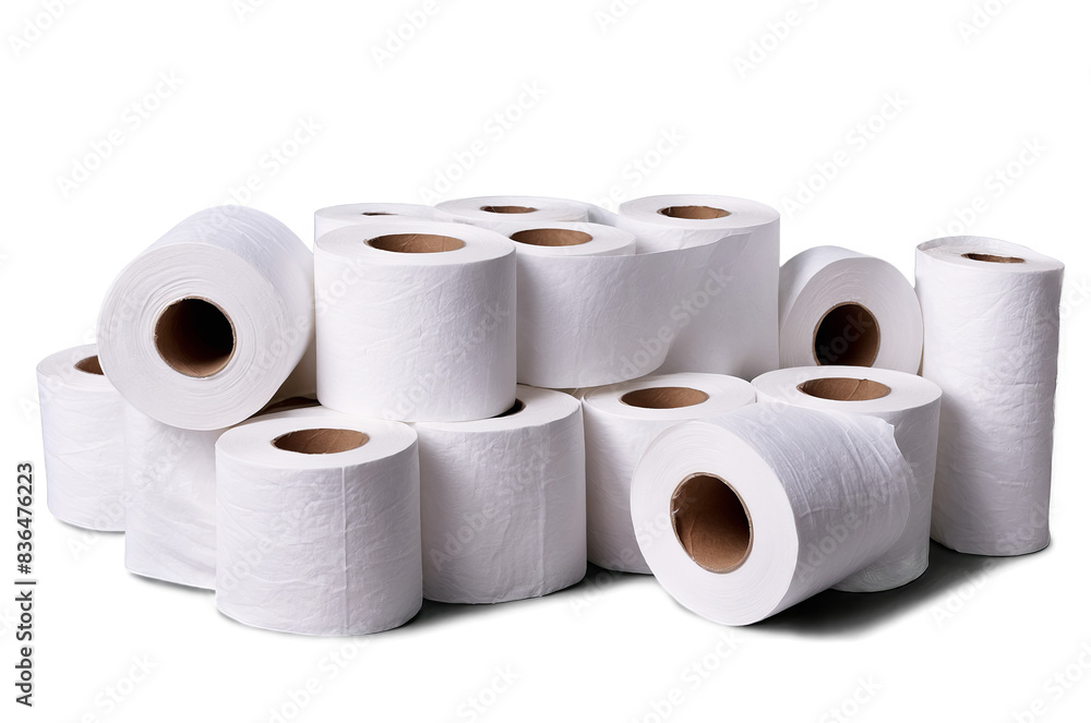 Bulk pack of white toilet paper rolls neatly stacked against a transparent, white background, depicted in png format Bulk pack of white toilet paper rolls neatly stacked against a transparent, white background, depicted in png format