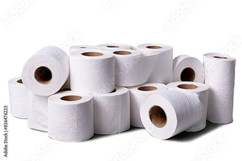 Bulk pack of white toilet paper rolls neatly stacked against a transparent, white background, depicted in png format photo