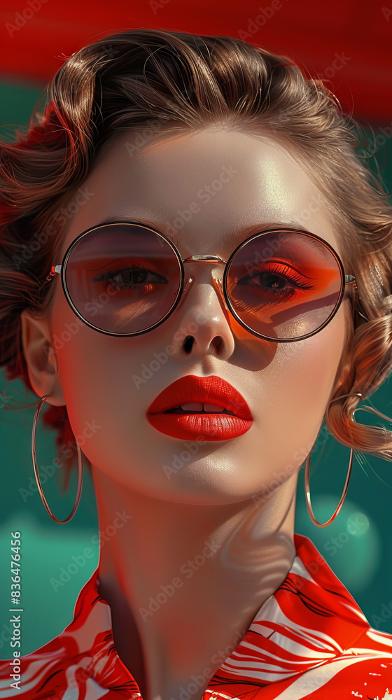 Fototapeta premium Retro style pastel colors summer background. Fashion woman wearing big sunglasses.
