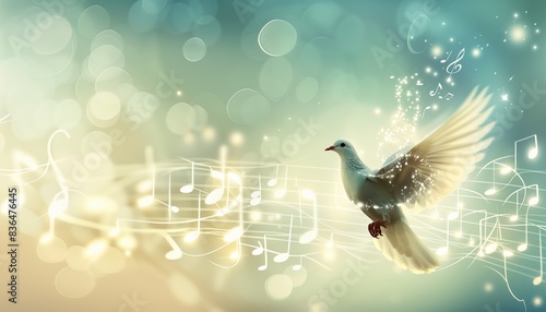 Abstract wave dove silhouette musical notes and shining lights, colorful bright light effect