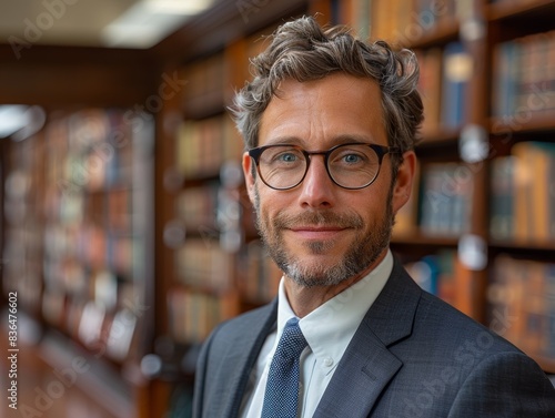 Confident and Professional Middle-Aged Man in Suit and Glasses Standing in a Library Filled with Books, Portraying Intelligence and Success