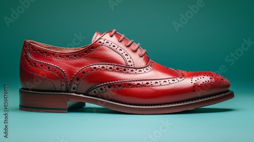 A meticulously crafted, vibrant red leather dress shoe with intricate brogue detailing, displayed against a turquoise backdrop, showcasing its elegant design and fine craftsmanship