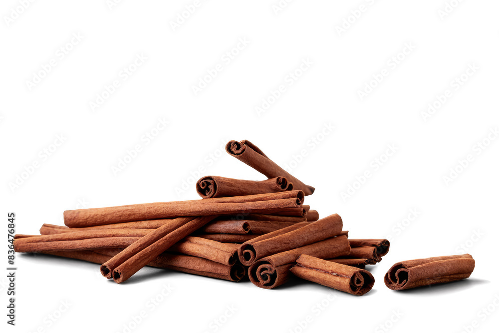 A neat pile of brown cinnamon sticks arranged on a white background, creatively processed to have a transparent, png format A neat pile of brown cinnamon sticks arranged on a white background, creatively processed to have a transparent, png format