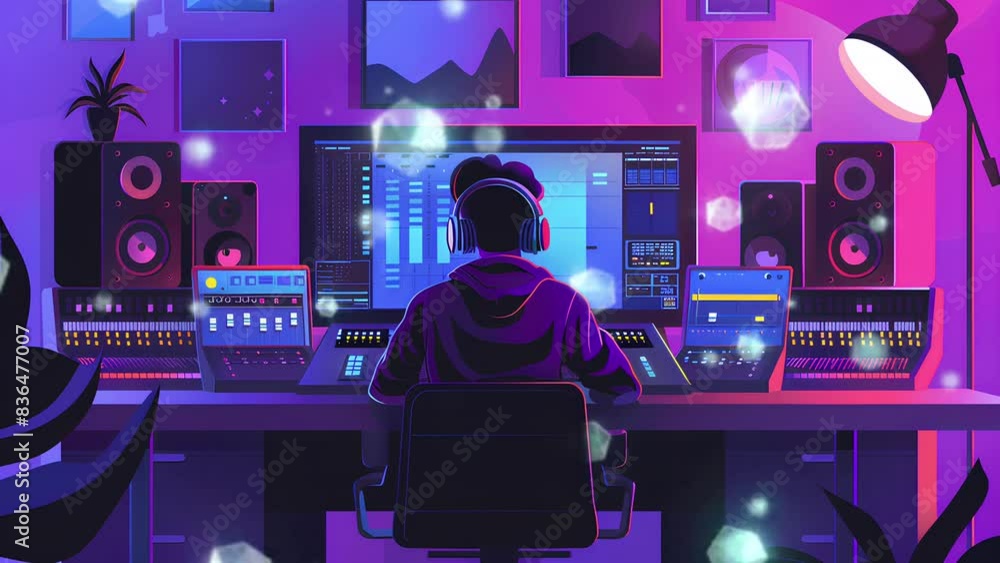 a music producer is sitting at a work desk to produce music a music producer is sitting at a work desk to produce music