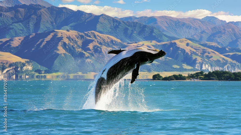 Obraz premium a humpback whale breaching with the open sea and clear sky as a backdrop