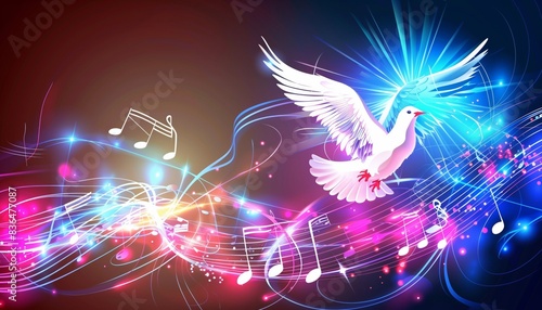 Abstract wave dove silhouette musical notes and shining lights, colorful bright light effect