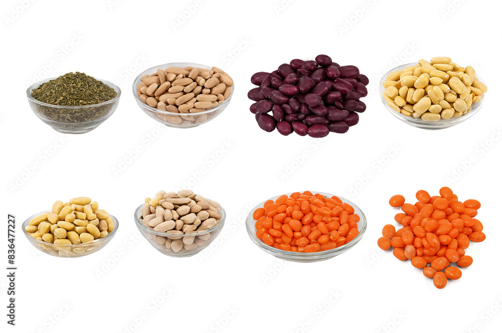 Collection of various beans and lentils arranged separately in bowls on a transparent, white background in png format Collection of various beans and lentils arranged separately in bowls on a transparent, white background in png format