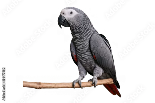 Fototapeta na wymiar Detailed image of a gray African parrot perched on a branch with a transparent, white background, png, format