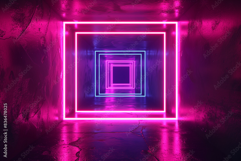 3d render, abstract geometric neon background with glowing square frame. Laser linear shape inside the dark tunnel
3d render, abstract geometric neon background with glowing square frame. Laser linear shape inside the dark tunnel