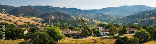 quaint country village nestled in hills surrounded by lush green trees under a clear blue sky