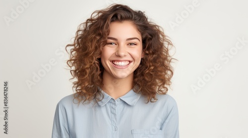 a young woman with a bright and cheerful smile against a white background 