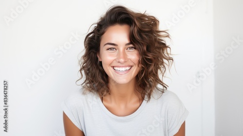 a young woman with a casual portrait in a positive view, big smile over a white background 