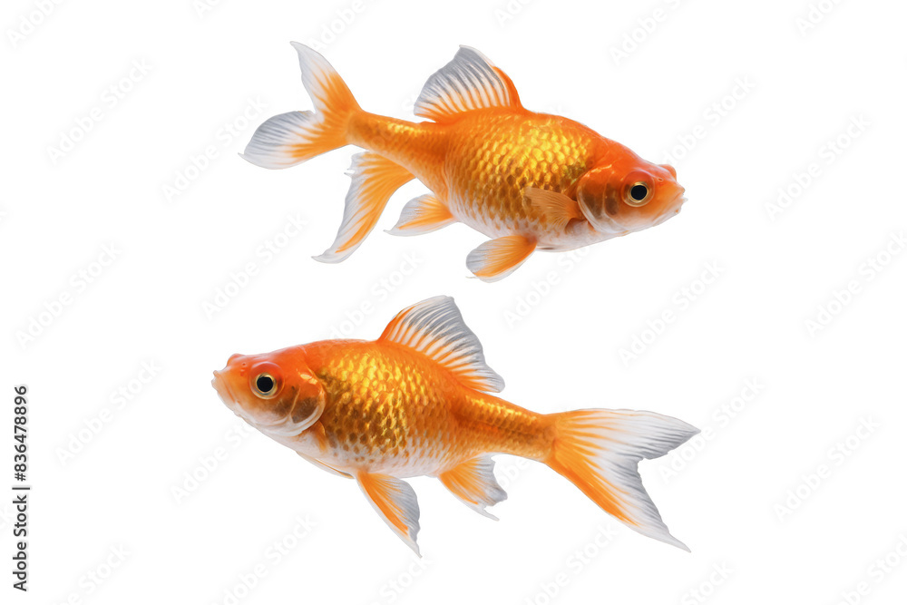 Two golden fish with shimmering scales appear to swim together on a transparent, white background, png, suitable for creative projects Two golden fish with shimmering scales appear to swim together on a transparent, white background, png, suitable for creative projects