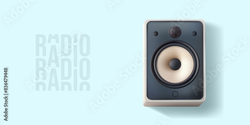 Music sound speaker box 3d for audio stereo system. Realistic radio round woofer loud amplifier, acoustic concert voice tune device. Voice podcast broadcasting, studio waves render, karaoke station.