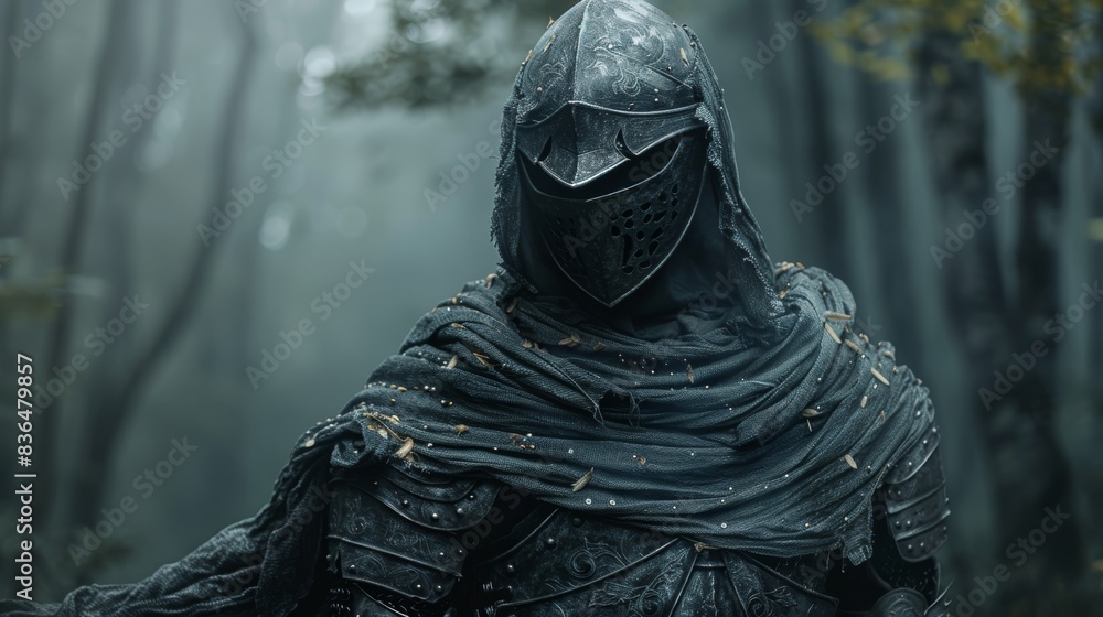 Armored knight, veil fluttering in the wind, set against a mysterious dark forest backdrop Armored knight, veil fluttering in the wind, set against a mysterious dark forest backdrop