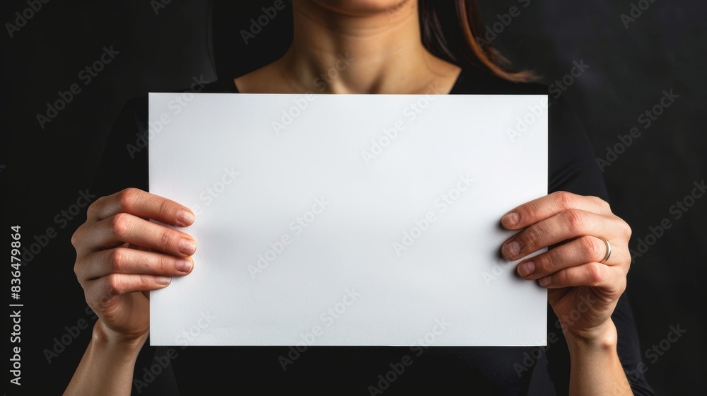 Artistic hand with a simple ring holding a white blank paper, isolated background, studio lighting for a clean appearance Artistic hand with a simple ring holding a white blank paper, isolated background, studio lighting for a clean appearance