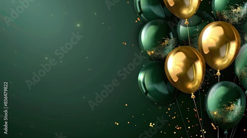Deep green and gold balloons with deep green background and confetti video for birthday card, greeting card, celebration.