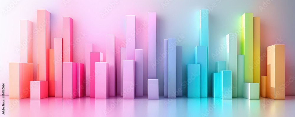 Colorful abstract 3D cityscape with vibrant gradient skyscrapers against a white background, creating a modern and dynamic visual effect. Colorful abstract 3D cityscape with vibrant gradient skyscrapers against a white background, creating a modern and dynamic visual effect.