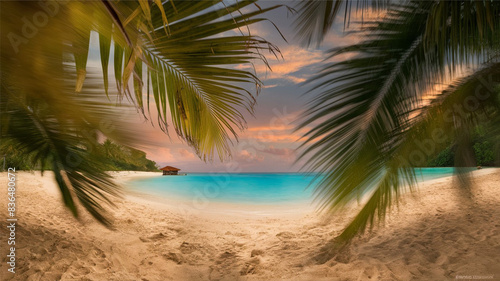 Beautiful wide panorama of a paradise beach with golden sand and palm leaves in blur.