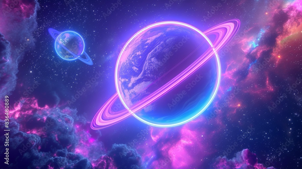 Planets with rings in colorful nebula, outer space scene. Science fiction and cosmic exploration concept Planets with rings in colorful nebula, outer space scene. Science fiction and cosmic exploration concept