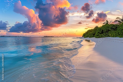 Colorful sunset on the beach with a beautiful sky and clouds in the Maldives islands, high resolution photography