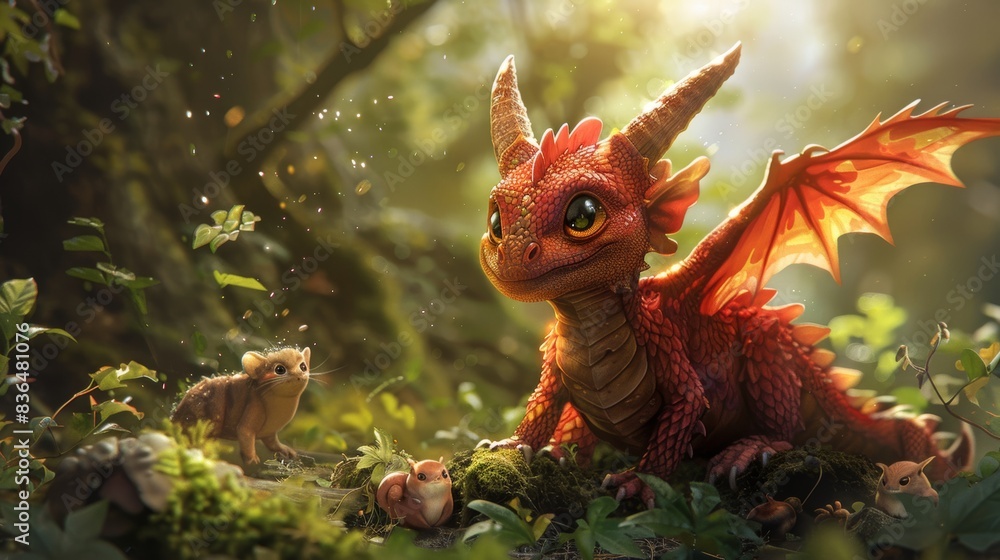 Obraz premium Cute red dragon with shimmering scales, playing with forest animals in an enchanted woodland glade
