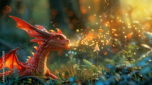 Cute red dragon blowing tiny fire sparks in a magical forest, surrounded by enchanted flora and fauna
