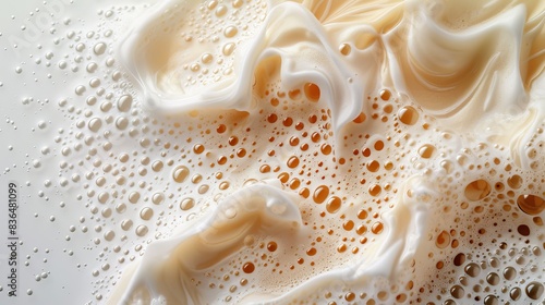 Detailed macro shot of frothy soap lather, highlighting the texture and bubble formation on a white backdrop