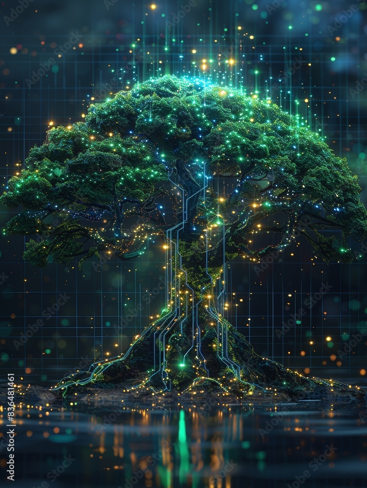 A tree with blue and green computer circuits running through the roots and branches, illustrating a concept of technology with biology, artificial intelligence, and green technology. A tree with blue and green computer circuits running through the roots and branches, illustrating a concept of technology with biology, artificial intelligence, and green technology.