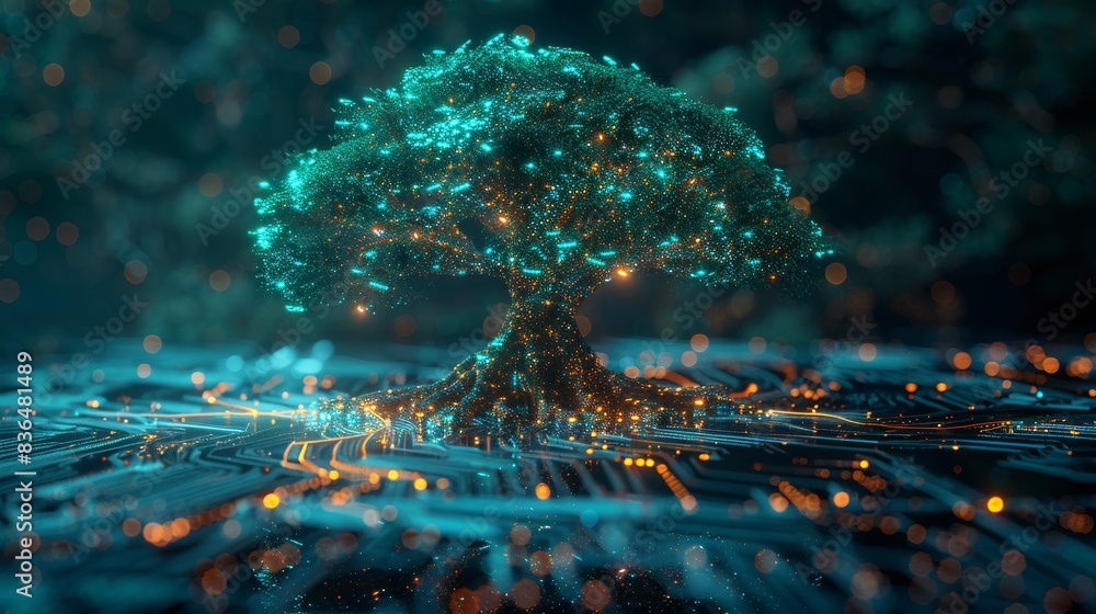 A tree with blue and green computer circuits running through the roots and branches, illustrating a concept of technology with biology, artificial intelligence, and green technology. A tree with blue and green computer circuits running through the roots and branches, illustrating a concept of technology with biology, artificial intelligence, and green technology.