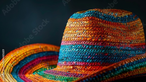 Intricate design of a Mexican Sombrero hat, captured in close-up on a dark background, isolated and well-lit in a studio