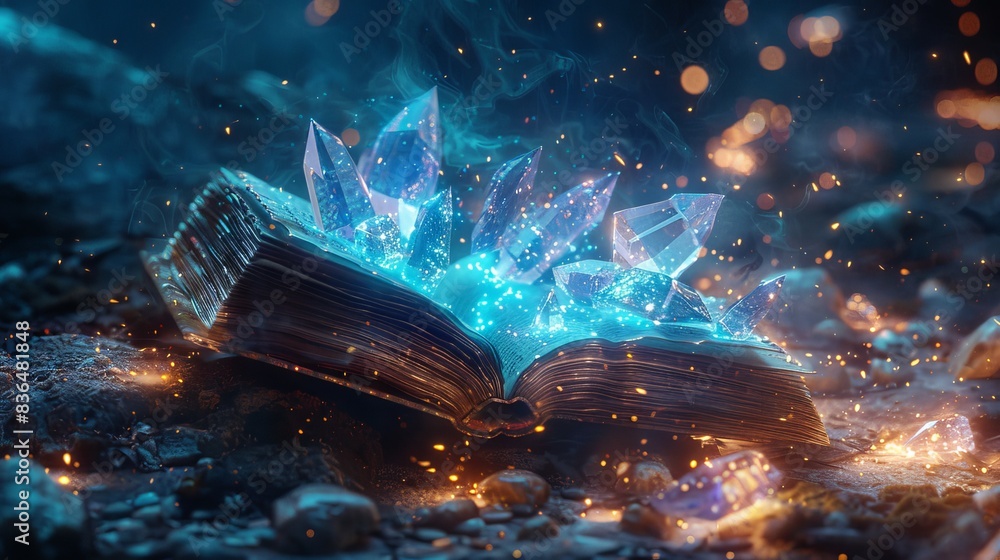 Open spell book with floating pages, shimmering gemstones, and luminescent magical symbols hovering in the air Open spell book with floating pages, shimmering gemstones, and luminescent magical symbols hovering in the air