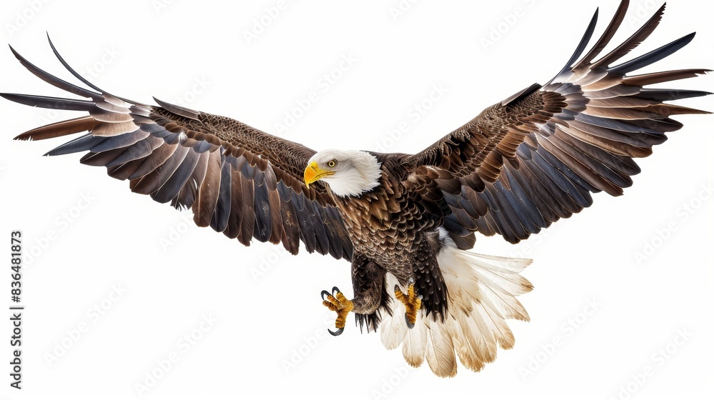 Powerful bald eagle clutching an American flag in its talons, with the flag fluttering dramatically Powerful bald eagle clutching an American flag in its talons, with the flag fluttering dramatically