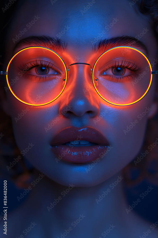 Neon Glow Portrait of Woman with Round Glasses Neon Glow Portrait of Woman with Round Glasses