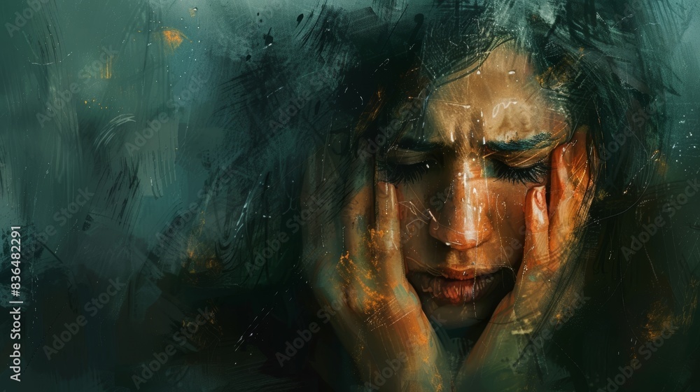 Woman overwhelmed, tears streaming, hands covering her face in an emotional breakdown, digital painting, muted colors Woman overwhelmed, tears streaming, hands covering her face in an emotional breakdown, digital painting, muted colors