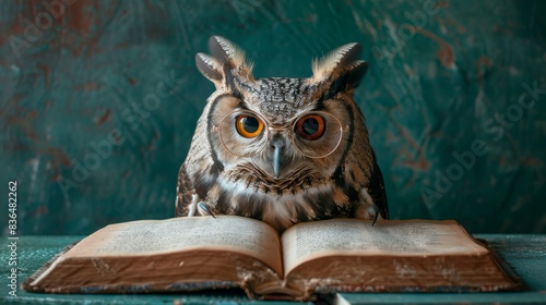 Wallpaper Mural Wise owl with spectacles, deeply focused on a book, set against a vibrant green-blue background, isolated, studio lighting Torontodigital.ca