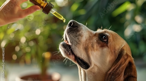 Sharp focus image of dog receiving CBD oil treatment. photo