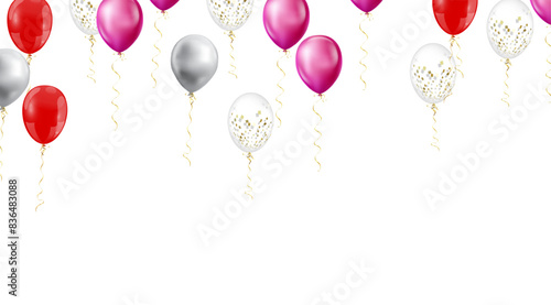 Bright and festive image featuring various colorful balloons and scattered confetti, depicting a celebration or party atmosphere