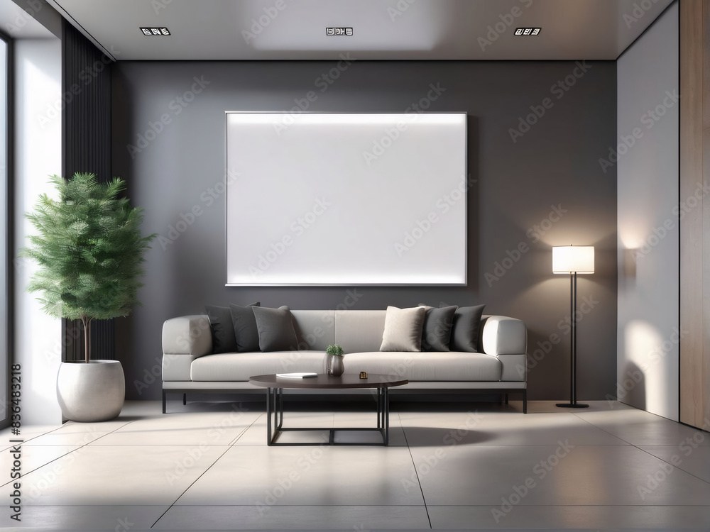 A sleek, modern office waiting area features a blank advertising billboard, bathed in soft, ambient lighting. A sleek, modern office waiting area features a blank advertising billboard, bathed in soft, ambient lighting.