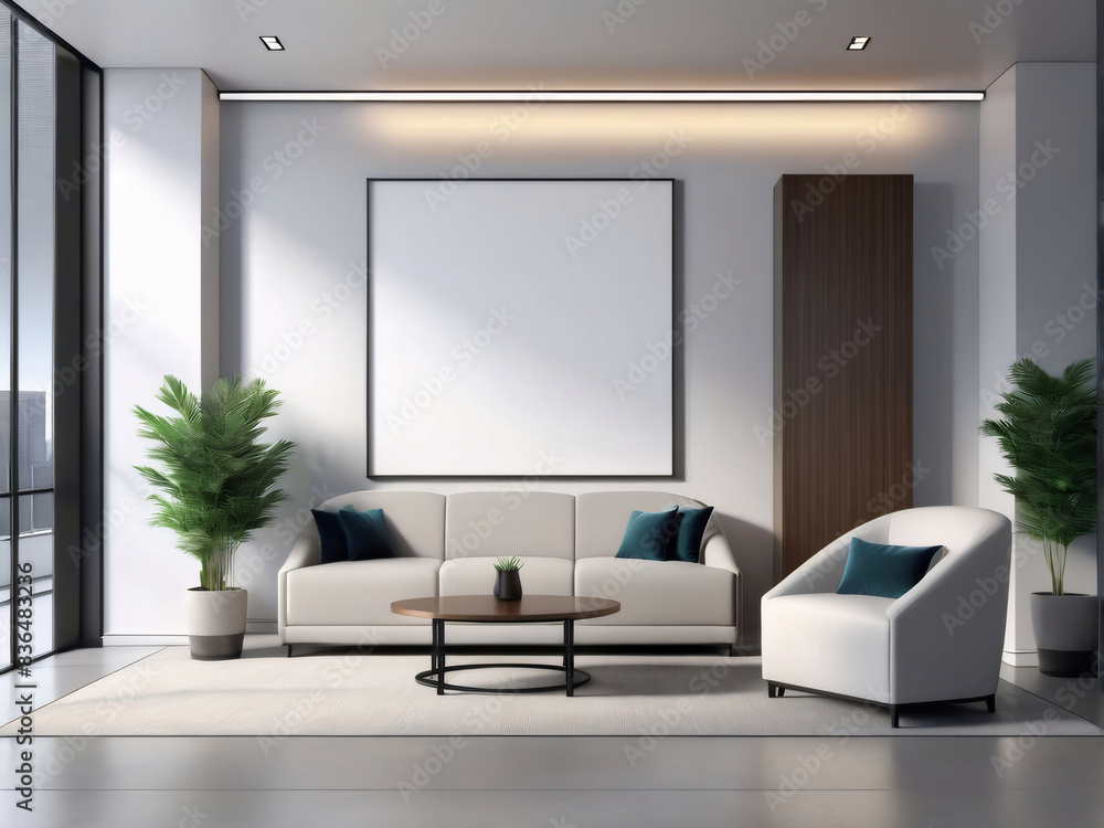 A sleek, modern office waiting area features a blank advertising billboard, bathed in soft, ambient lighting. A sleek, modern office waiting area features a blank advertising billboard, bathed in soft, ambient lighting.