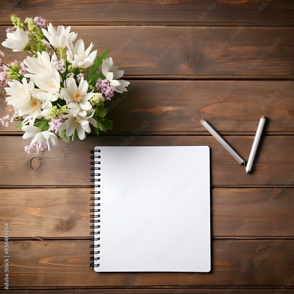 Blank notebook with pencil and white flowers on wooden background, top view Blank notebook with pencil and white flowers on wooden background, top view
