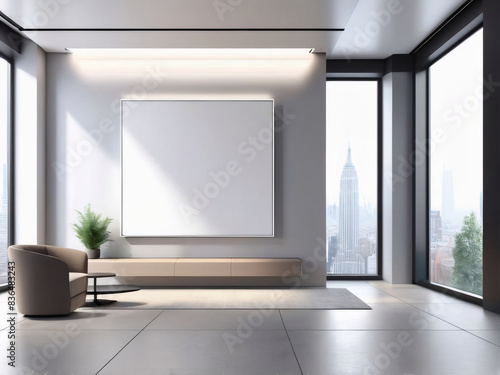 Wallpaper Mural A sleek, modern office waiting area features a blank advertising billboard, bathed in soft, ambient lighting. Torontodigital.ca