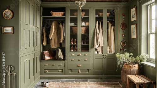  -  Ideal for inspiring home dÃ©cor and design projects. ,  A charming, earthy green cottage dressing room with rustic furniture and a country house feel. photo