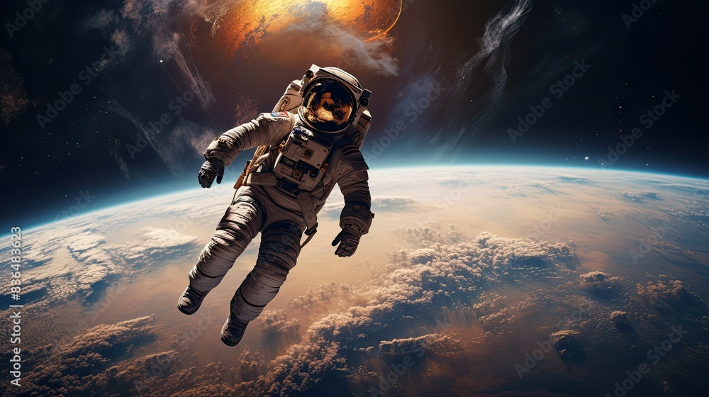 Photograph of a female astronaut performing a spacewalk, her helmet reflecting the stars and the curvature of the Earth. Photograph of a female astronaut performing a spacewalk, her helmet reflecting the stars and the curvature of the Earth.