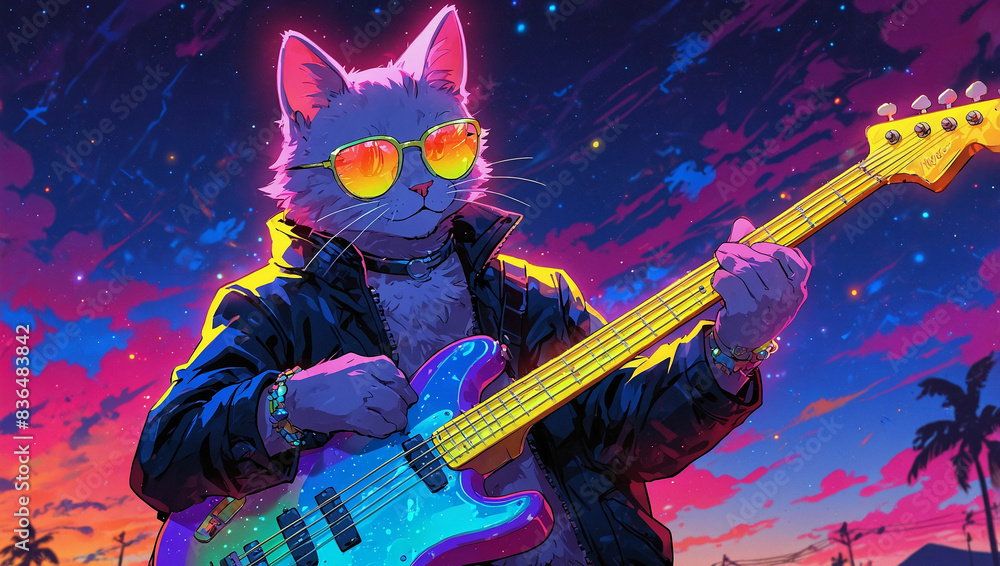 Cool Cat playing a bass guitar electric wearing a sunglasses with colorful background and neon glowing. Cool Cat playing a bass guitar electric wearing a sunglasses with colorful background and neon glowing.