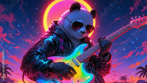 Cool Panda playing a bass guitar electric wearing a sunglasses with colorful background and neon glowing.