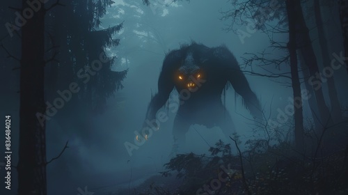 Enigmatic Entity with Glowing Eyes in Dark Forest