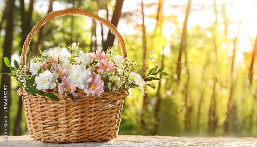flowers in a basket, a woven basket filled with various flowers flowers in a basket, a woven basket filled with various flowers