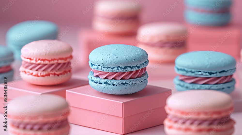 Fototapeta premium Macaron boxes come in many colors to choose from. It showcases many packages filled with these delicious treats. The bright shades of the box create an eye-catching appearance.