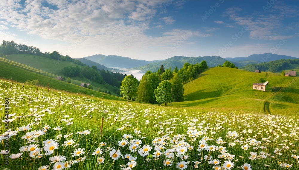 Obraz premium Hermoso paisaje natural de primavera y verano con campo floreciente de margaritas